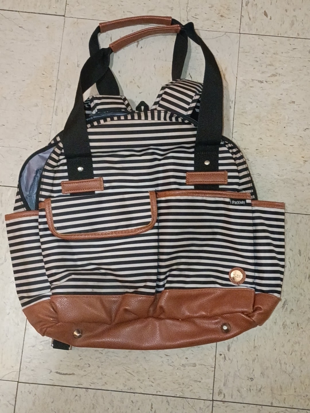 Striped Black & White Duffel with Brown Trim by